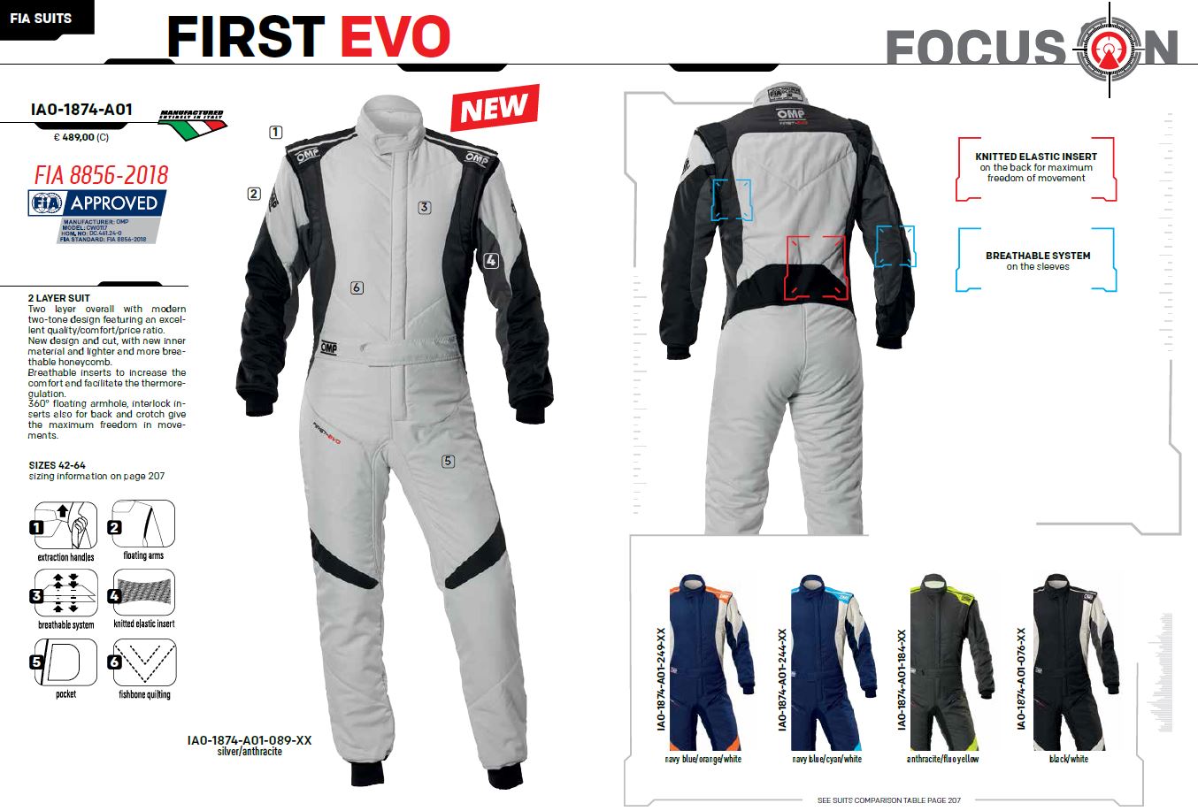 2025 OMP First Evo Race Suit Entry Level Fireproof Overalls FIA 8856-2018 Spec OMP