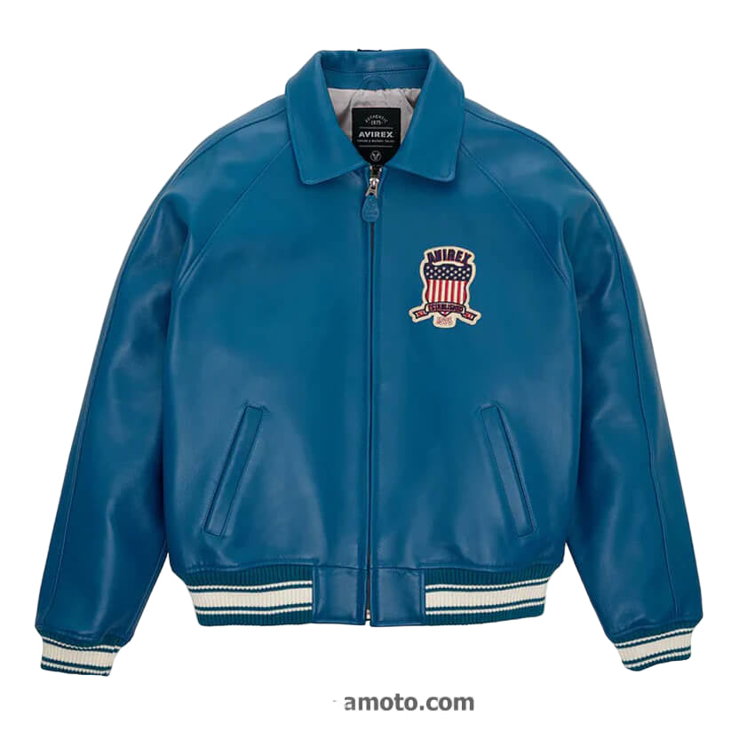 Men Teal Varsity Leather Bomber Avirex Jacket -Endless Racegear 