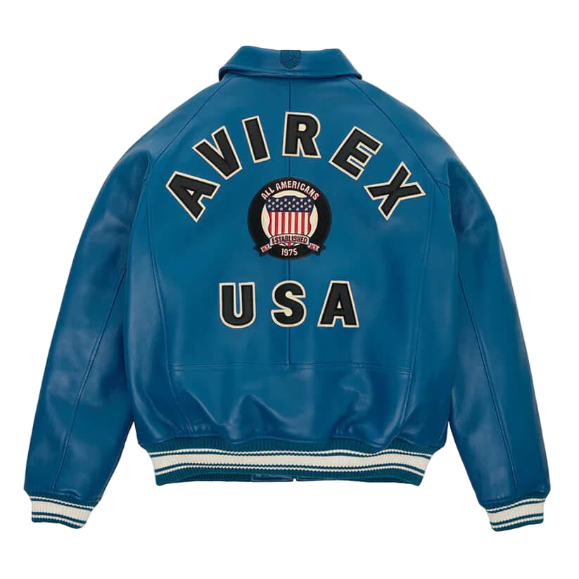 Men Teal Varsity Leather Bomber Avirex Jacket -Endless Racegear 