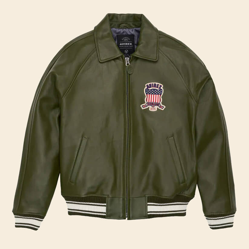 Men's Olive Varsity Bomber Avirex Leather Jacket - Endless Racegear
