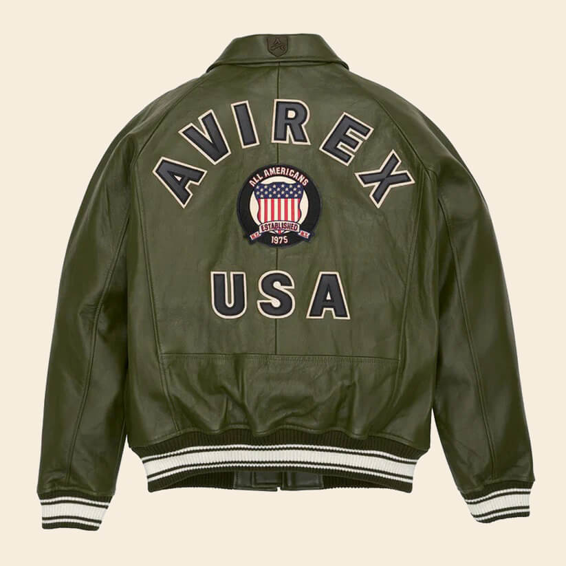Men's Olive Varsity Bomber Avirex Leather Jacket - Endless Racegear