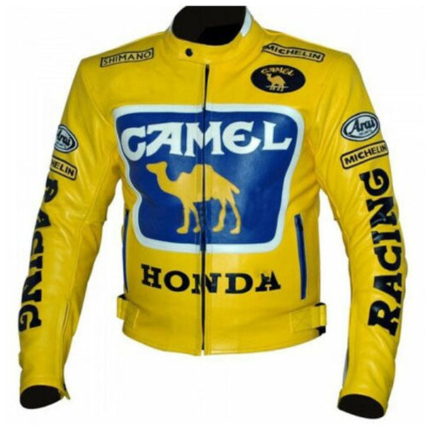 Mens Honda Camel Racing Motorcycle Yellow Leather Jacket 3A MOTO LEATHER