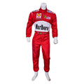 Red racing suit on mannequin with white waist belt panel, front view