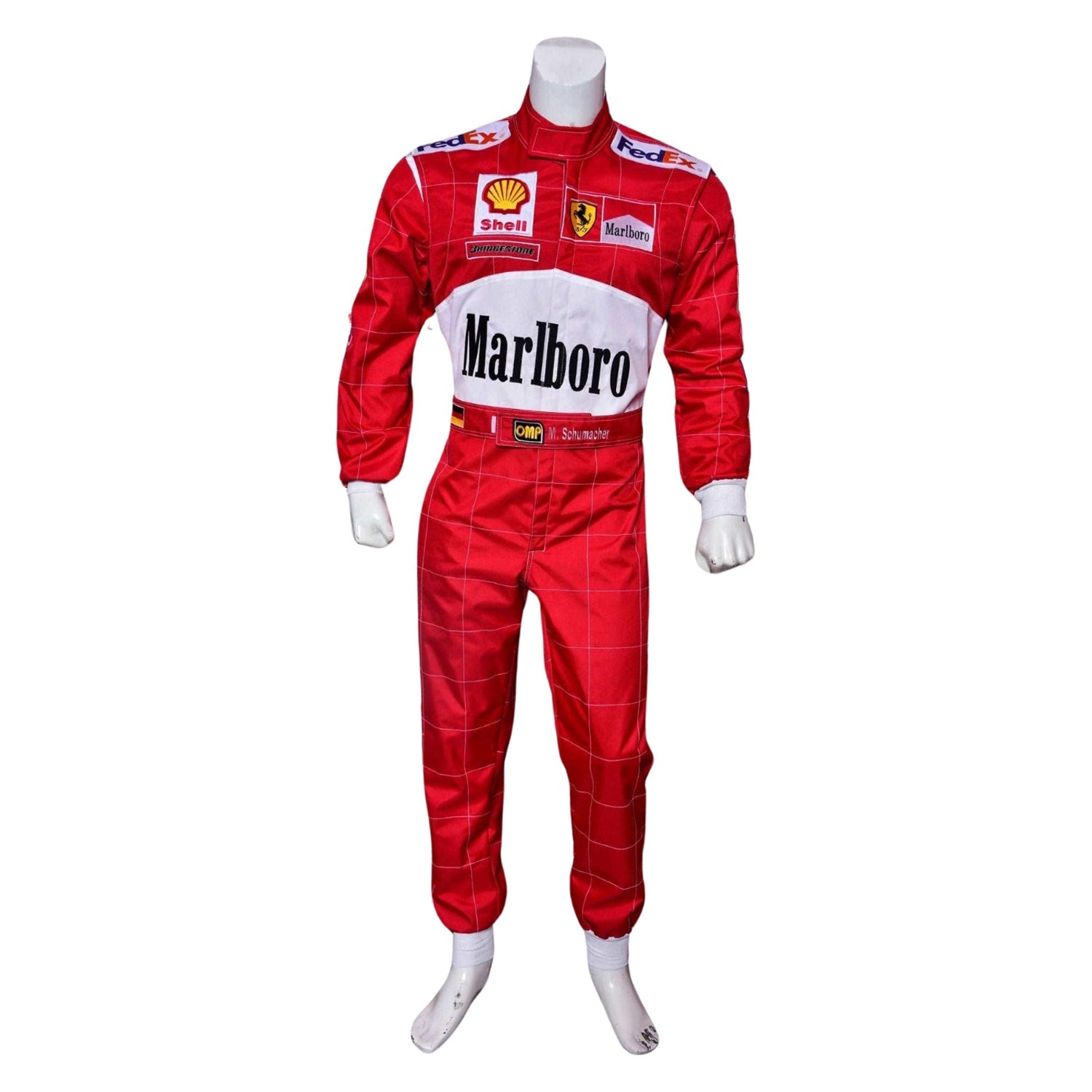 Red racing suit on mannequin with white waist belt panel, front view