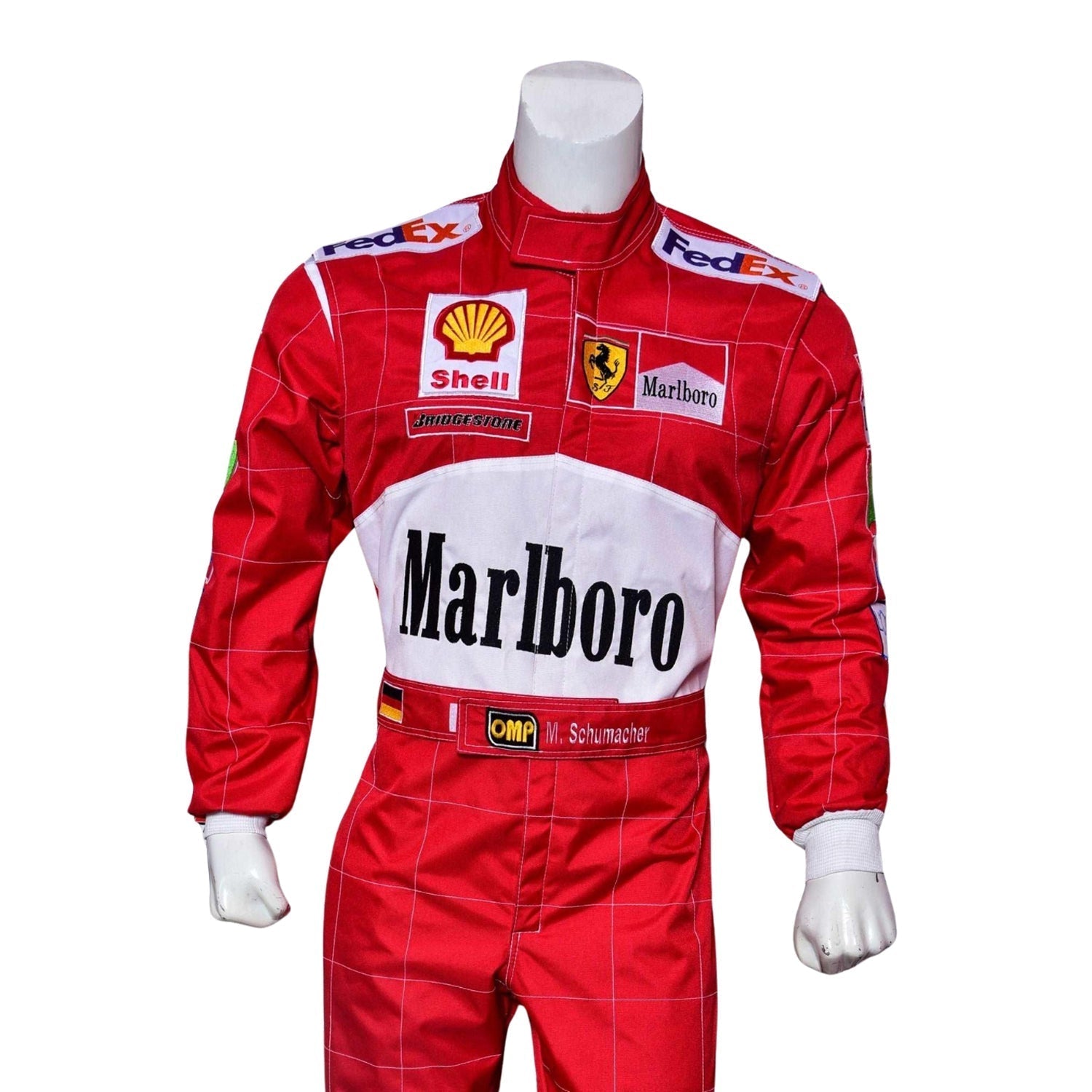 Red racing suit front view with white chest panel and FedEx accents