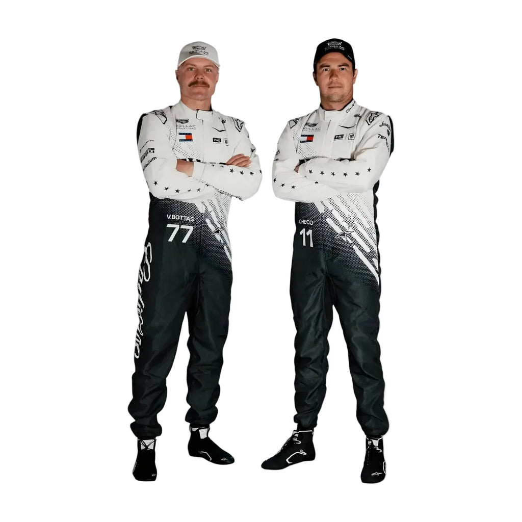 Two individuals wearing racing suits with visible branding on a white background
