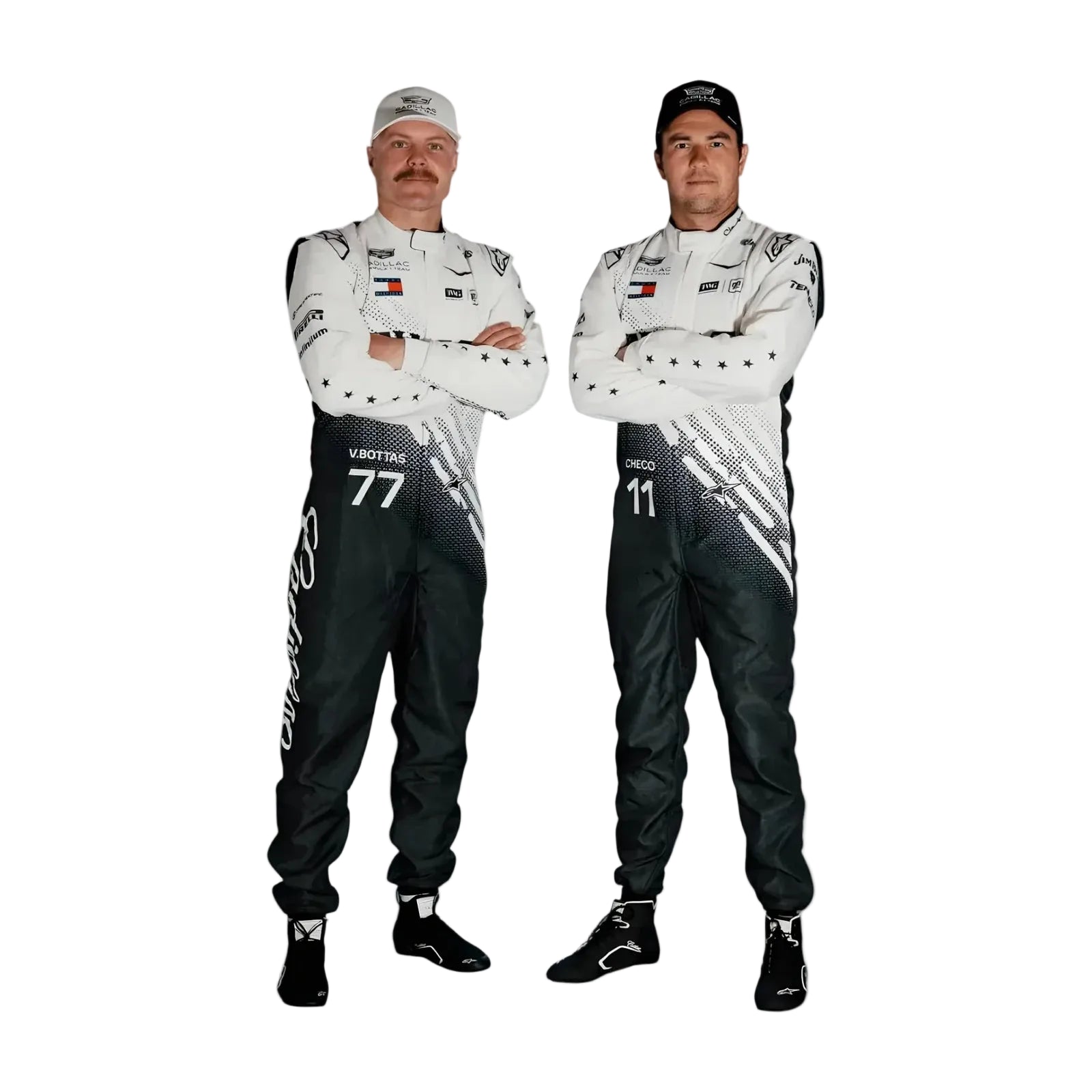 Two individuals wearing racing suits with visible branding on a white background