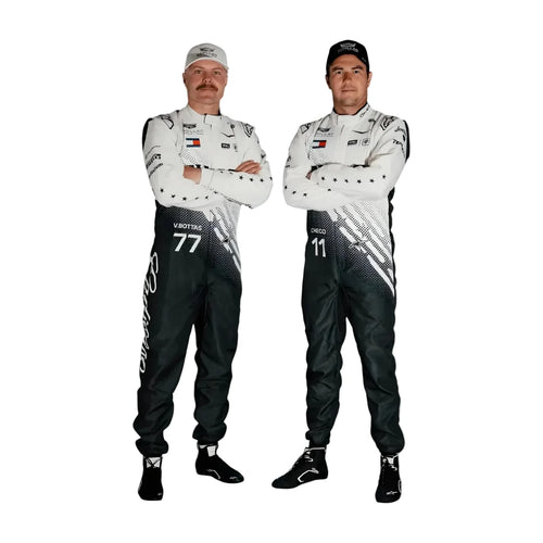 Two individuals wearing racing suits with visible branding on a white background