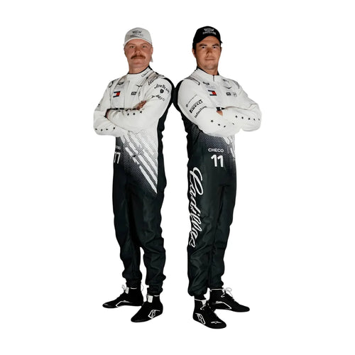 Two individuals wearing racing suits with visible branding on a white background