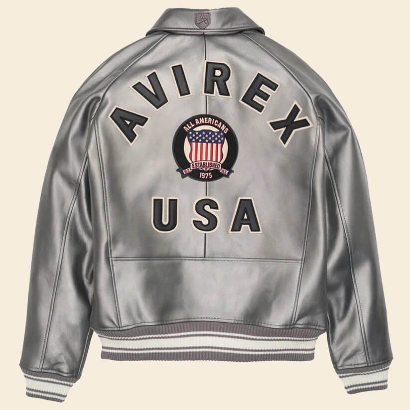 New Metallic Silver Letterman Bomber Avirex Jacket For Men 3A MOTO LEATHER