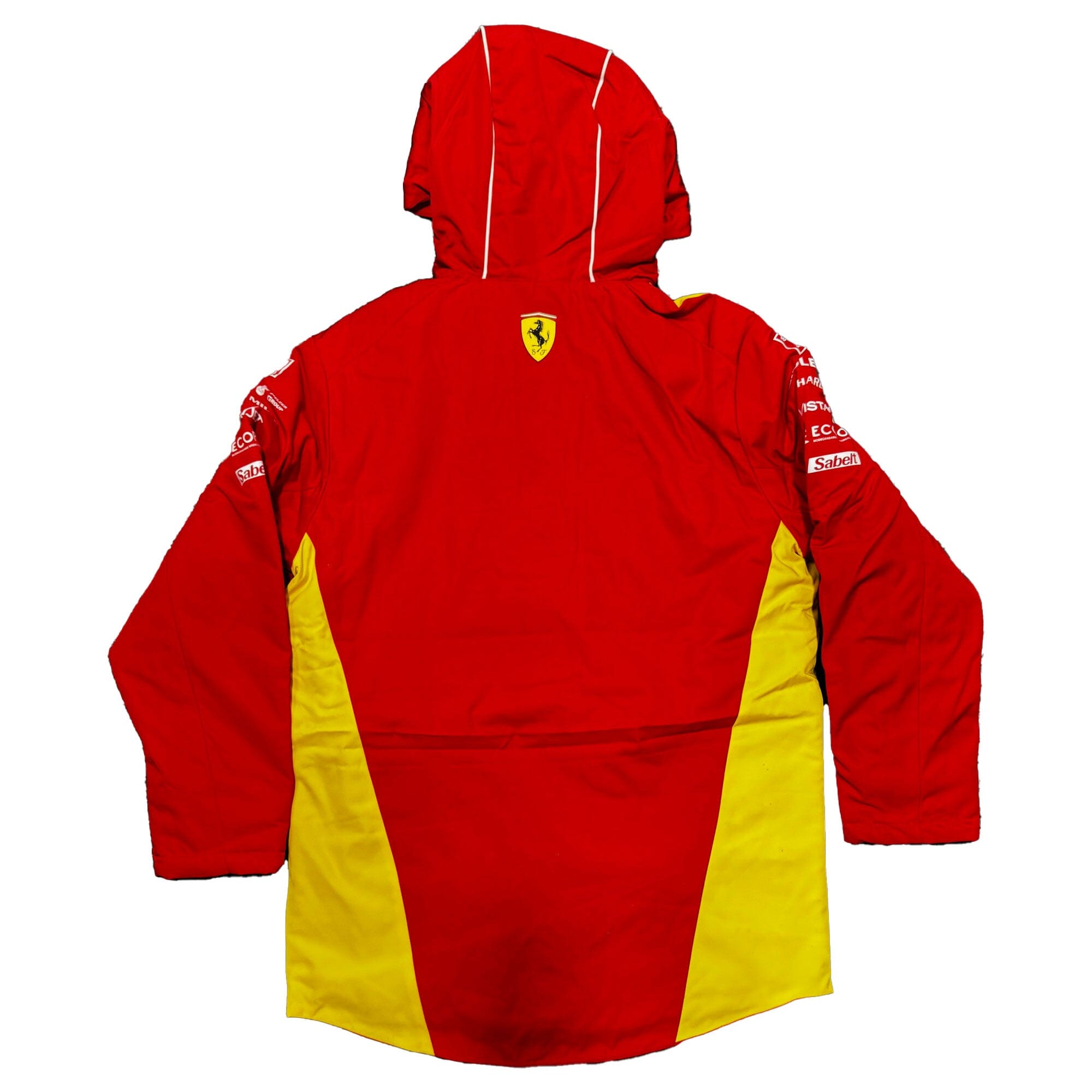 Scuderia Ferrari men's padded hooded jacket, red with yellow side panels and rear logo