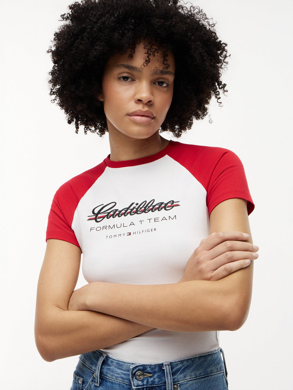 Cadillac F1 Racing Women's Script Raglon T-Shirt - White Cadillac F1