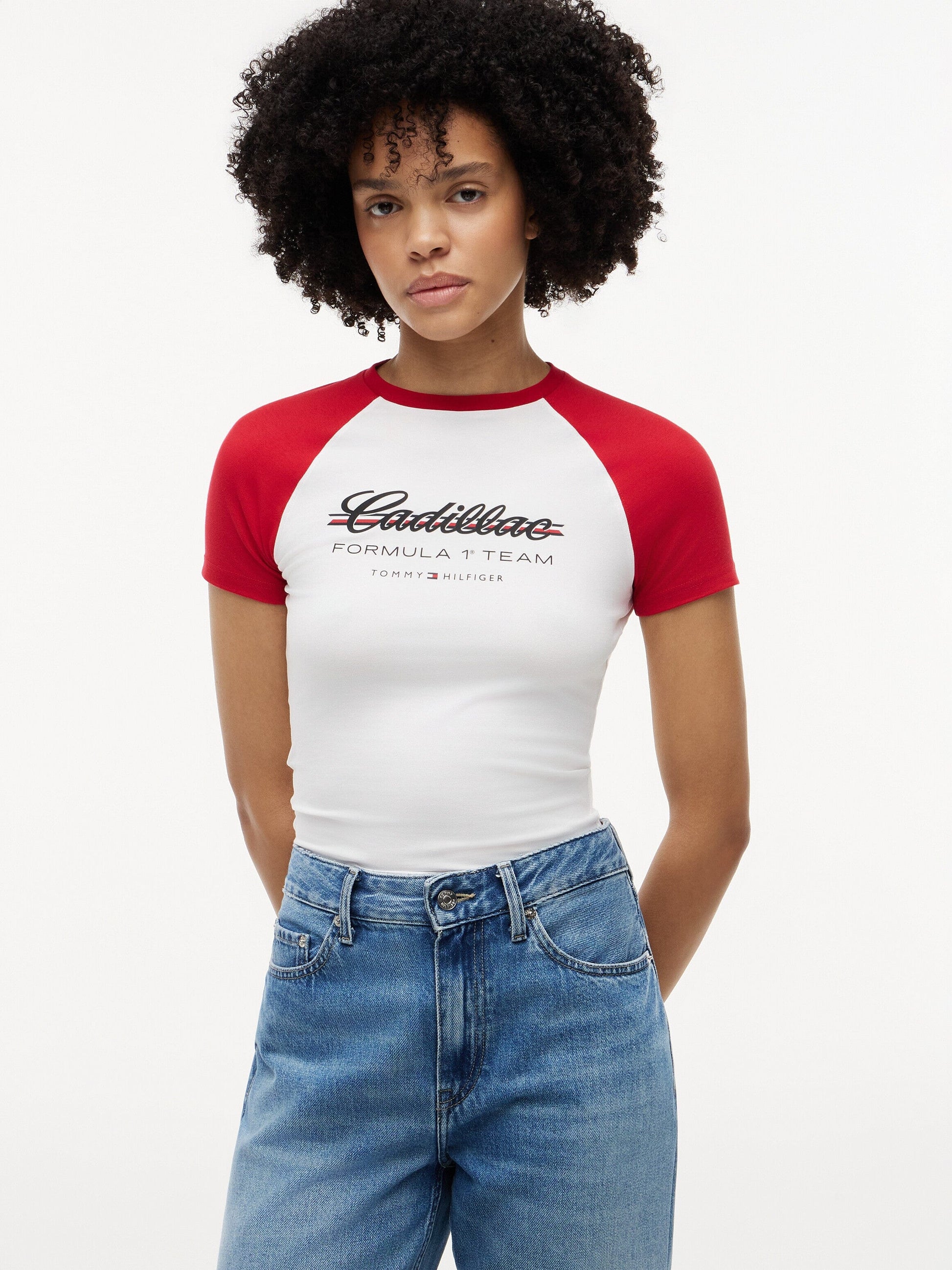 Cadillac F1 Racing Women's Script Raglon T-Shirt - White Cadillac F1