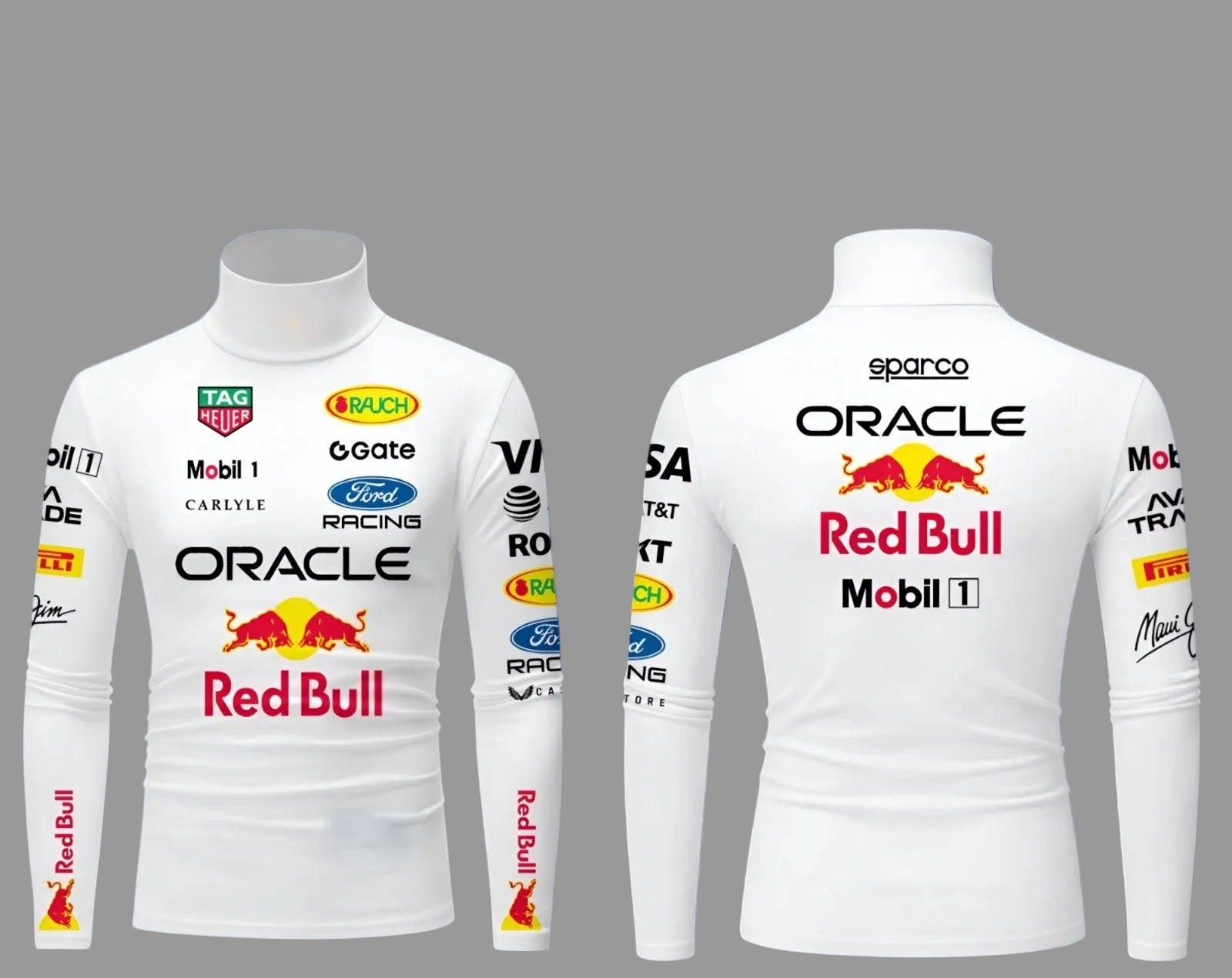 White racing suit with various sponsor logos on a blue background  - Endless Racegear 