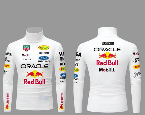 White racing suit with various sponsor logos on a blue background  - Endless Racegear 