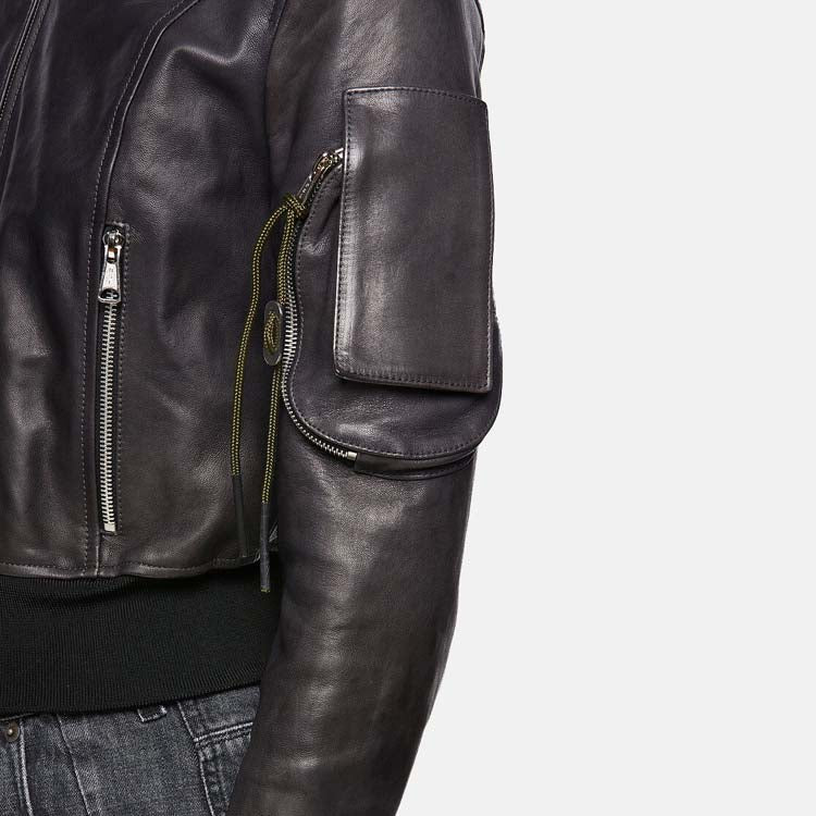 Women’s Black Leather Bomber Jacket With Arm Pocket 3A MOTO LEATHER