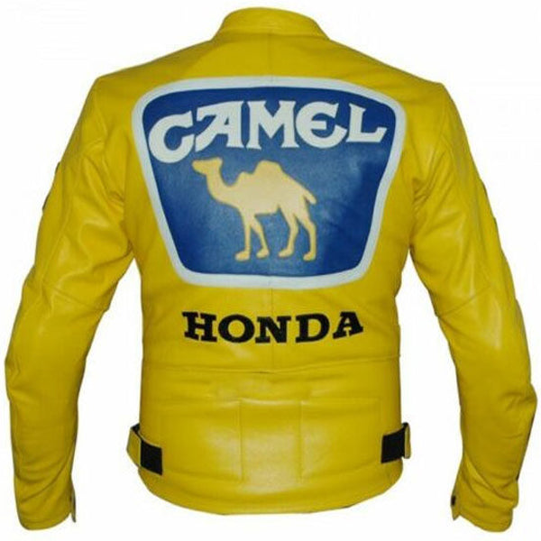 Mens Honda Camel Racing Motorcycle Yellow Leather Jacket 3A MOTO LEATHER