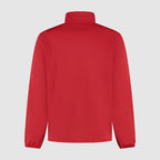 Men's softshell jacket, red, full-zip, stand collar, back view.