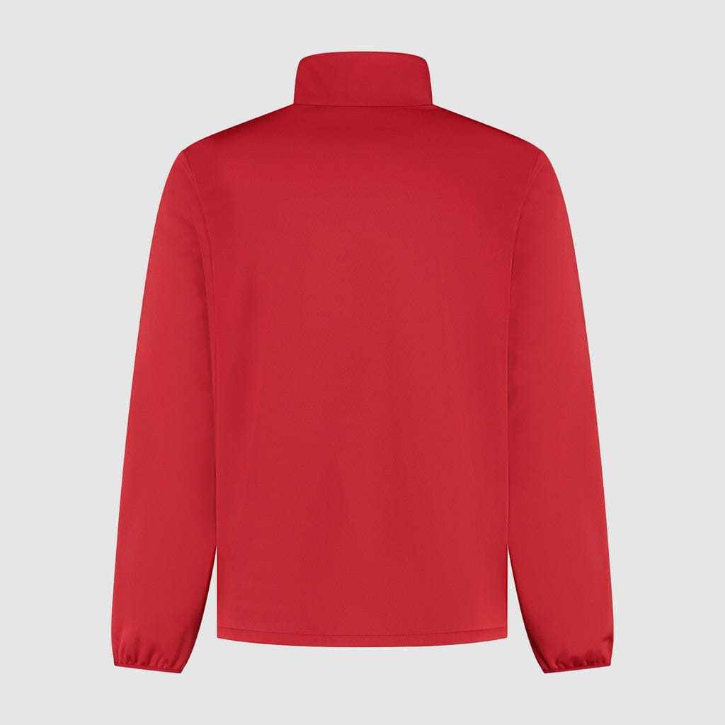 Men's softshell jacket, red, full-zip, stand collar, back view.