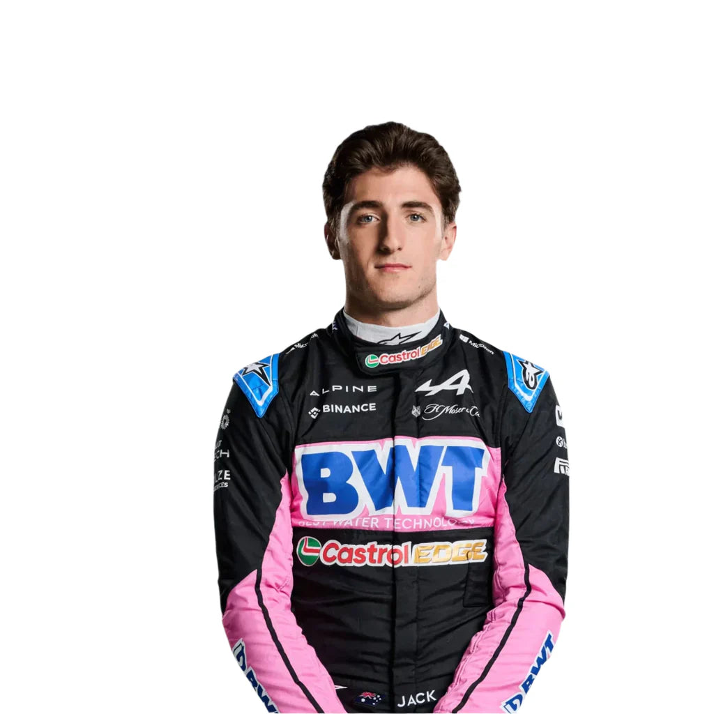 Endless Racegear 2025 Jack Doohan Alpine F1 race suit replica displayed on model in black and pink livery