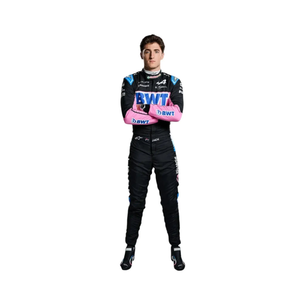 Endless Racegear 2025 Jack Doohan Alpine F1 race suit replica full body black suit with pink BWT branding model arms crossed