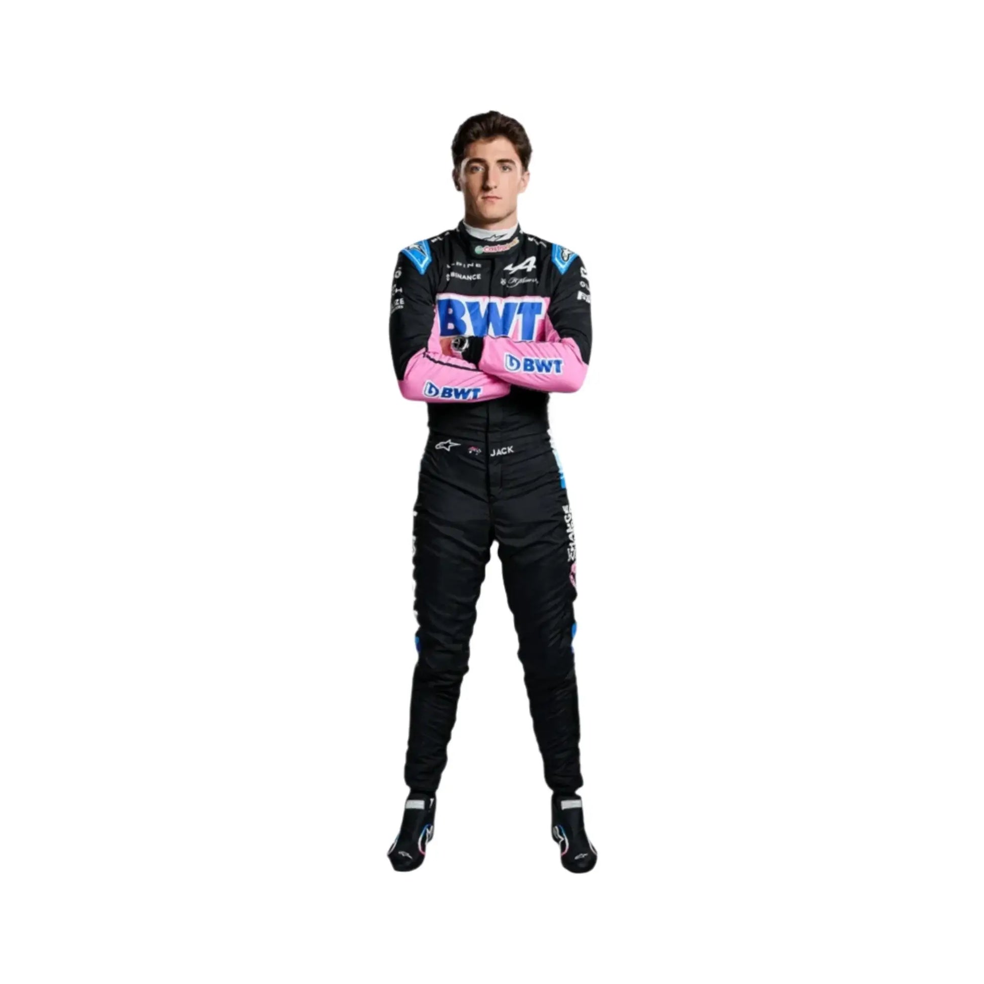Endless Racegear 2025 Jack Doohan Alpine F1 race suit replica full body black suit with pink BWT branding model arms crossed