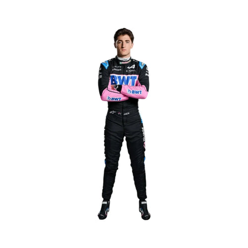 Endless Racegear 2025 Jack Doohan Alpine F1 race suit replica full body black suit with pink BWT branding model arms crossed
