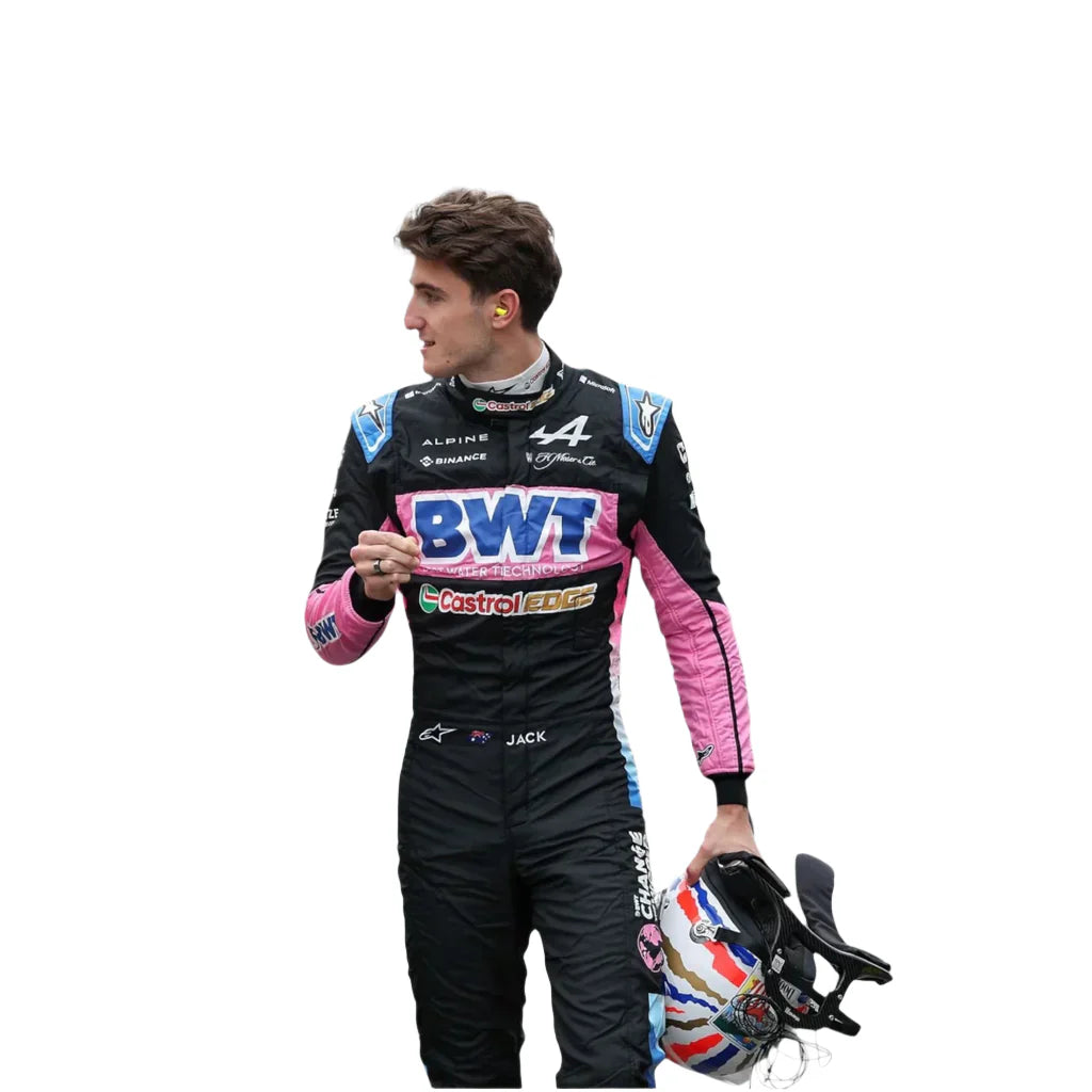Endless Racegear 2025 Jack Doohan Alpine F1 race suit replica black and pink suit holding helmet