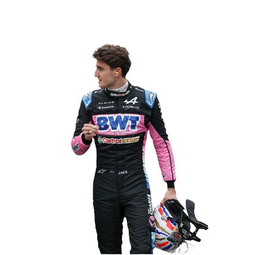Endless Racegear 2025 Jack Doohan Alpine F1 race suit replica black and pink suit holding helmet