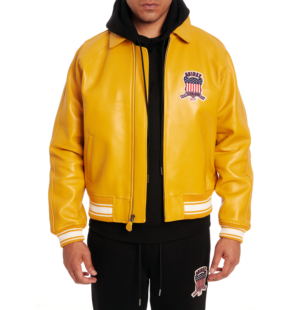Avirex Fashion Aviator Bomber Mustard Leather Jackets rfxleatherofficial