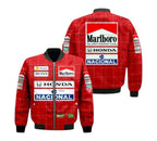 Red racing jacket with various sponsor logos on a white background