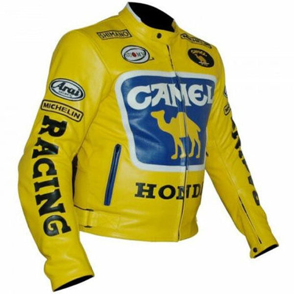 Mens Honda Camel Racing Motorcycle Yellow Leather Jacket 3A MOTO LEATHER