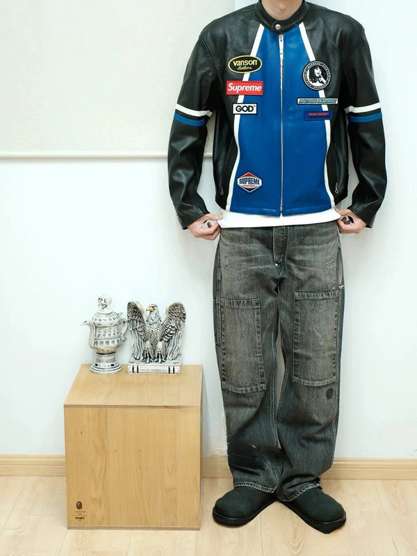 Supreme Blue Leather Vintage Racing Jacket Ex Race Gear