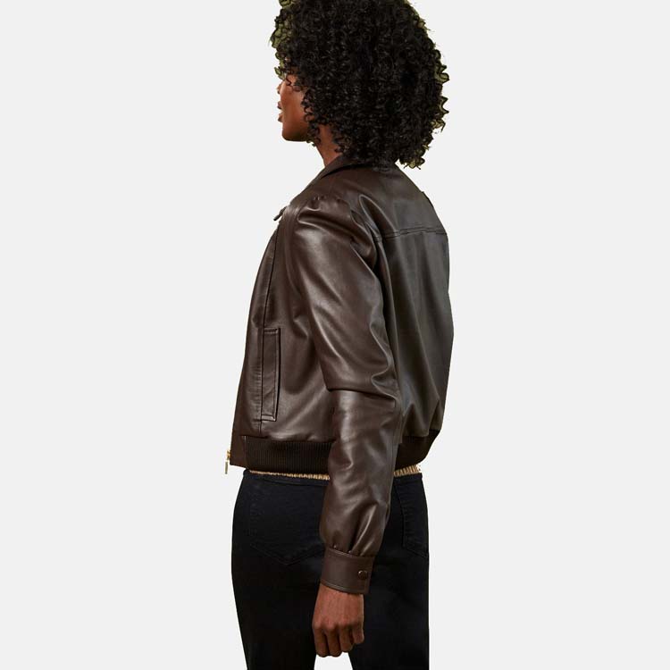 Women’s Chocolate Brown Leather Bomber Jacket 3A MOTO LEATHER