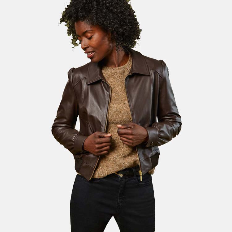 Women’s Chocolate Brown Leather Bomber Jacket 3A MOTO LEATHER