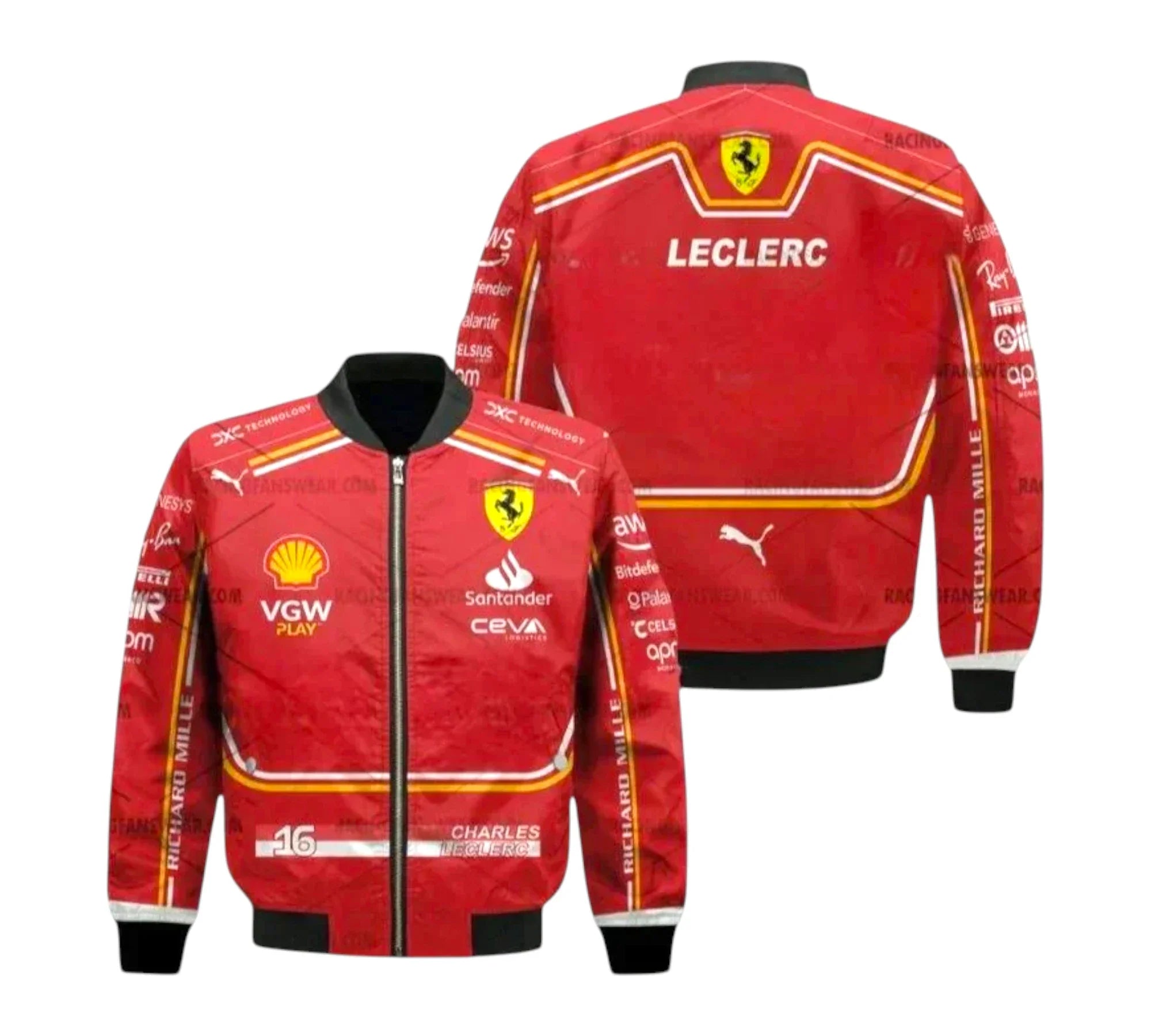 Red racing jacket with various logos on a white background