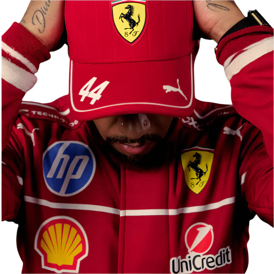 Endless Racegear karting suit Ferrari red with Shell HP UniCredit logos and cap Lewis Hamilton replica race suit