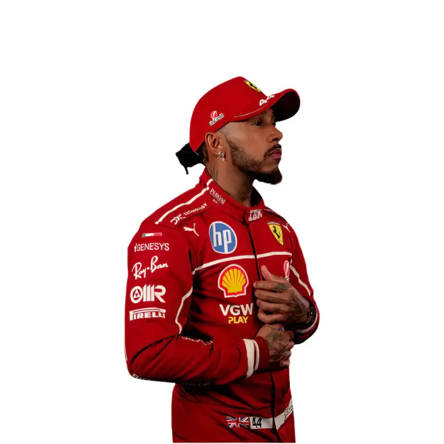 Endless Racegear Lewis Hamilton replica race suit red karting suit with sponsor logos worn by model