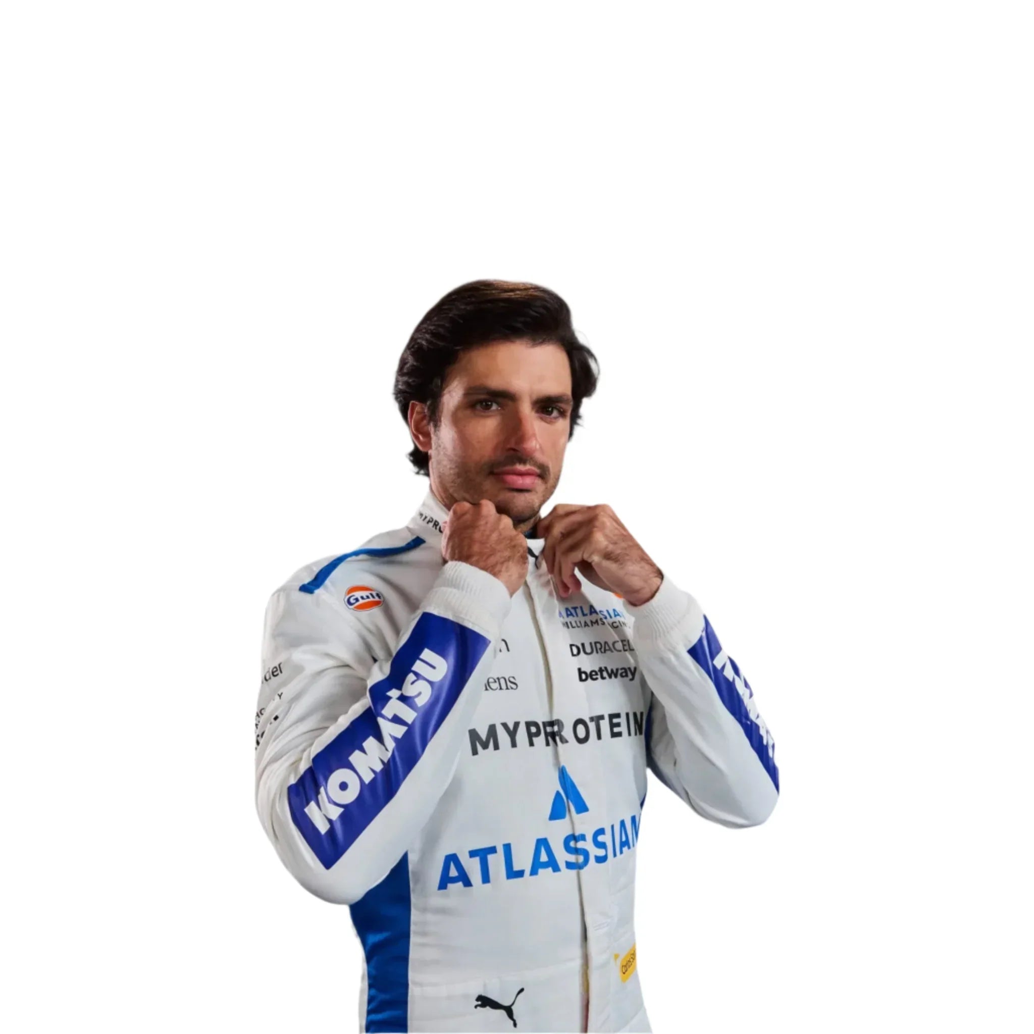 Endless Racegear Carlos Sainz replica F1 race suit white and blue with sponsor logos model adjusting collar