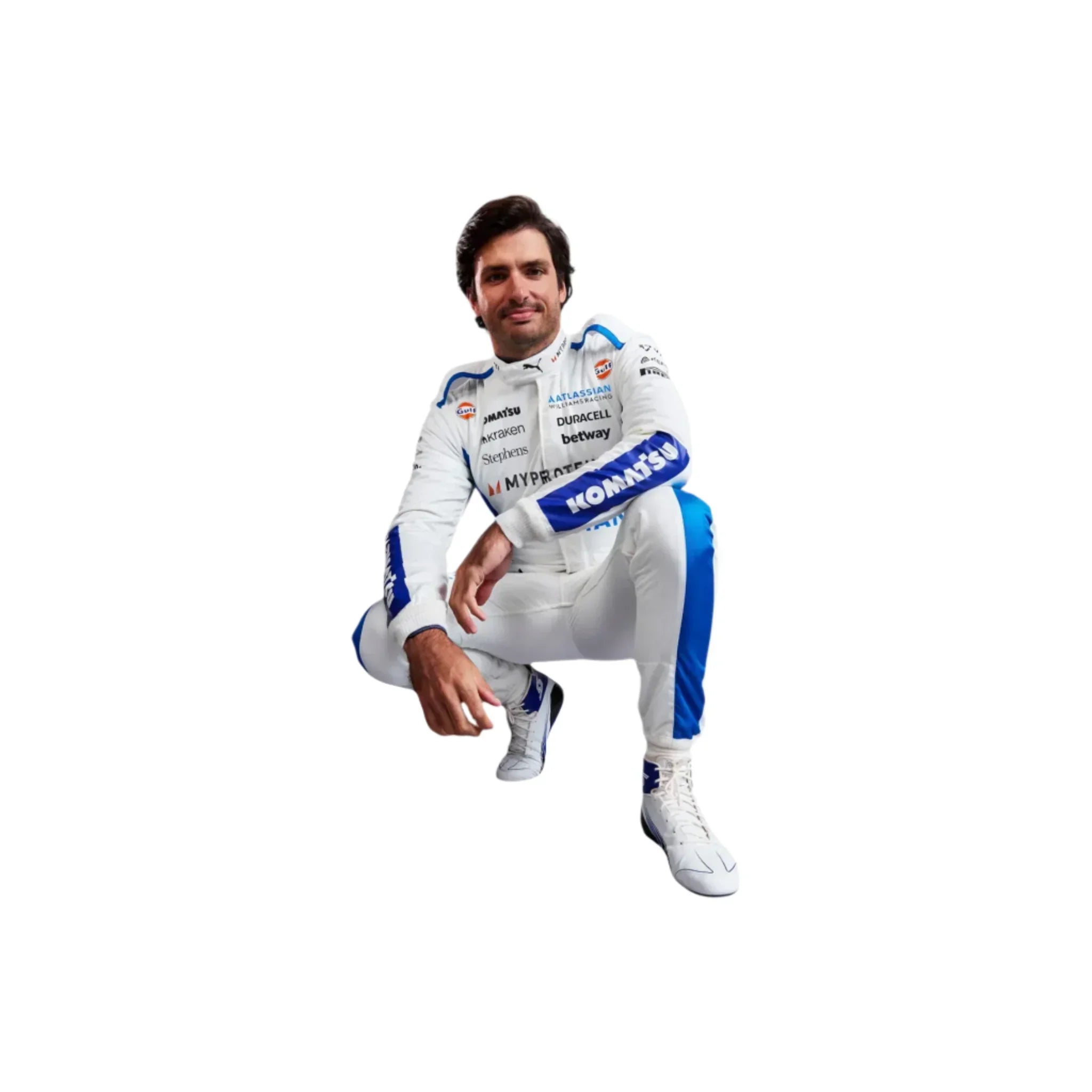 Endless Racegear Carlos Sainz replica F1 race suit white and blue with sponsor logos on kneeling model