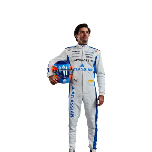 Endless Racegear Carlos Sainz replica F1 race suit white blue with sponsor logos model holding helmet