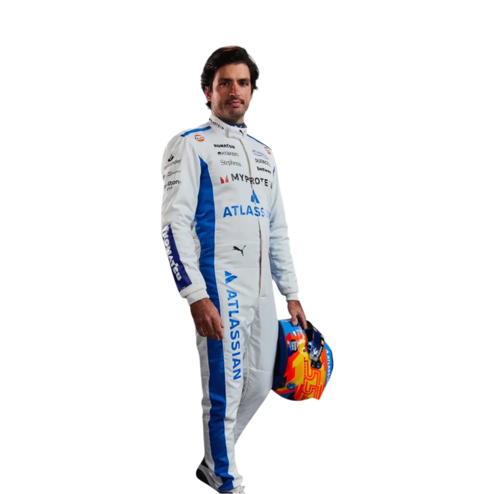 Carlos Sainz replica F1 race suit by Endless Racegear white and blue suit with sponsor logos and helmet