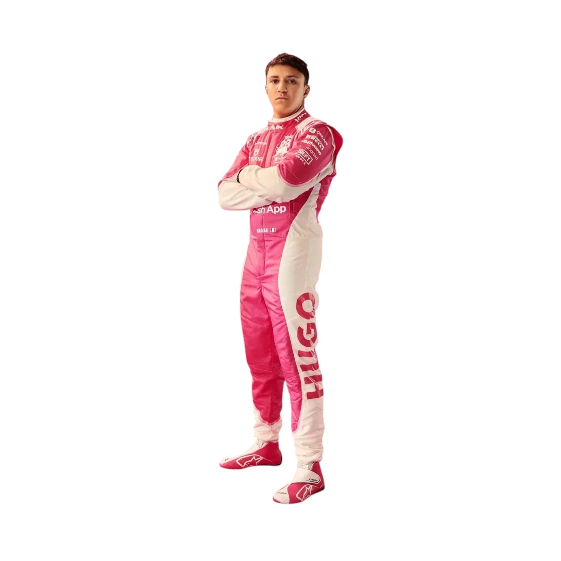 Endless Racegear Isack Hadjar Miami F1 race suit replica pink and white full body racing suit on standing driver with arms crossed