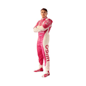 Endless Racegear Isack Hadjar Miami F1 race suit replica pink and white full body racing suit on standing driver with arms crossed