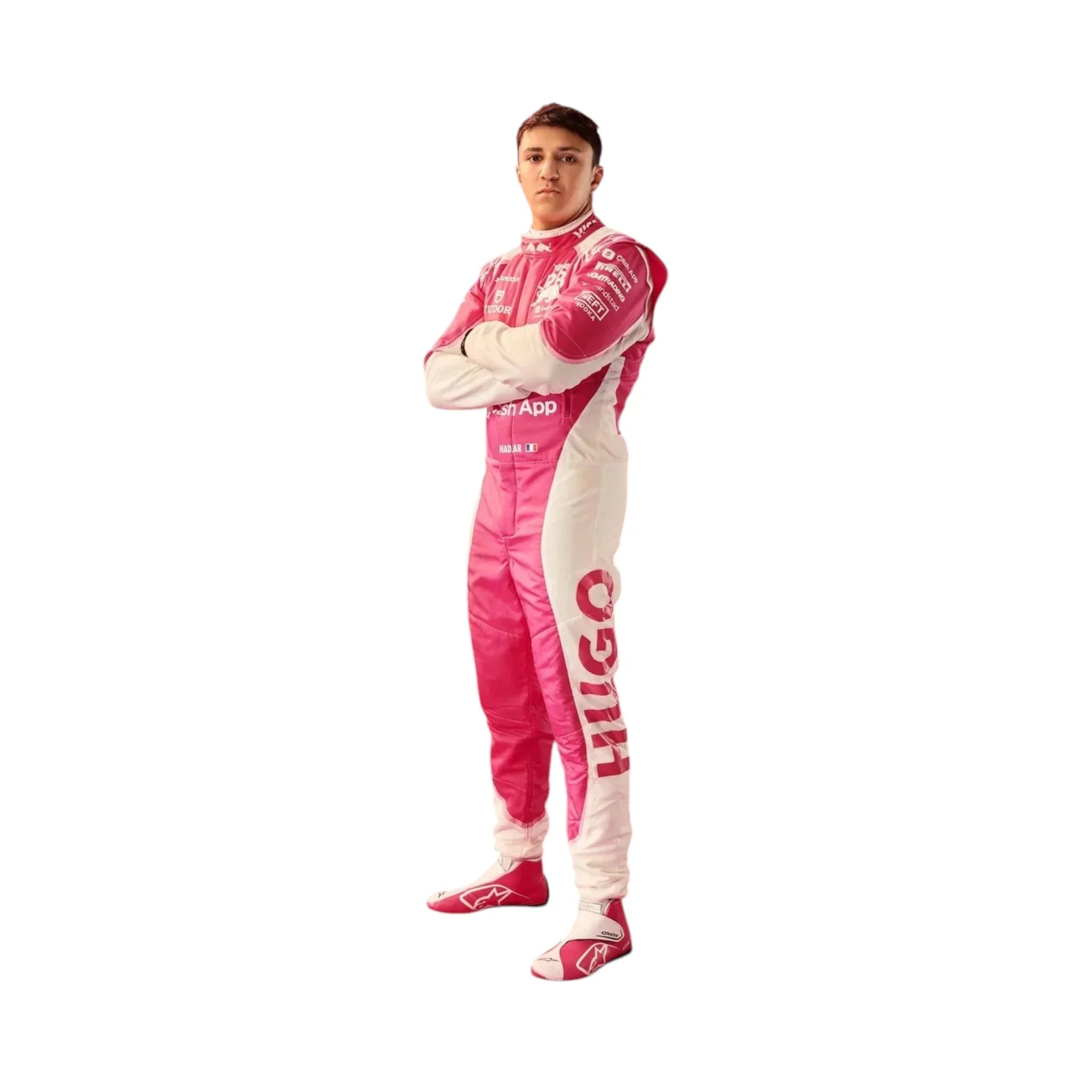 Endless Racegear Isack Hadjar Miami F1 race suit replica pink and white full body racing suit on standing driver with arms crossed