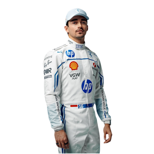 Endless Racegear white racing suit with sponsor logos blue trim and cap Charles Leclerc Monaco GP race suit replica