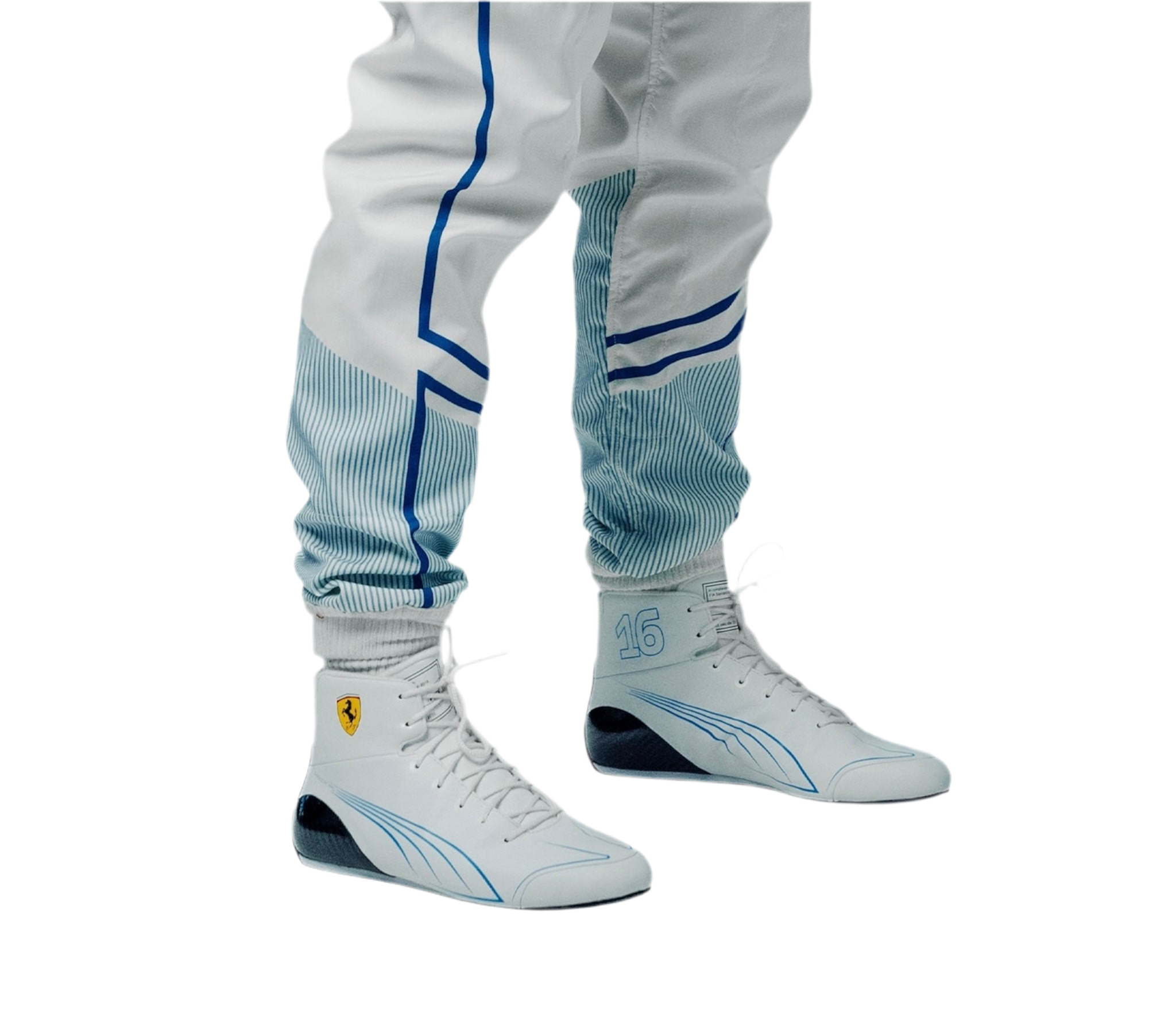 Endless Racegear Charles Leclerc Monaco GP race suit replica white racing shoes blue trim number 16 Ferrari shield