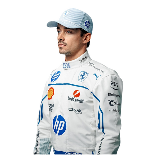 Endless Racegear model wearing white Ferrari race suit with sponsor logos and cap Charles Leclerc Monaco GP race suit replica