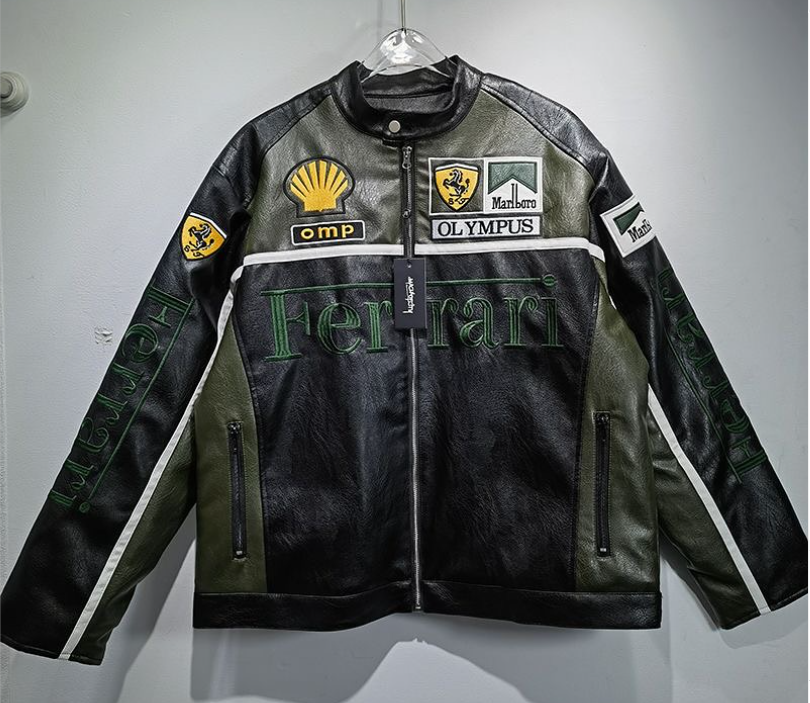 Ferrari Green-Black Leather Vintage Racing Jacket Ex Race Gear