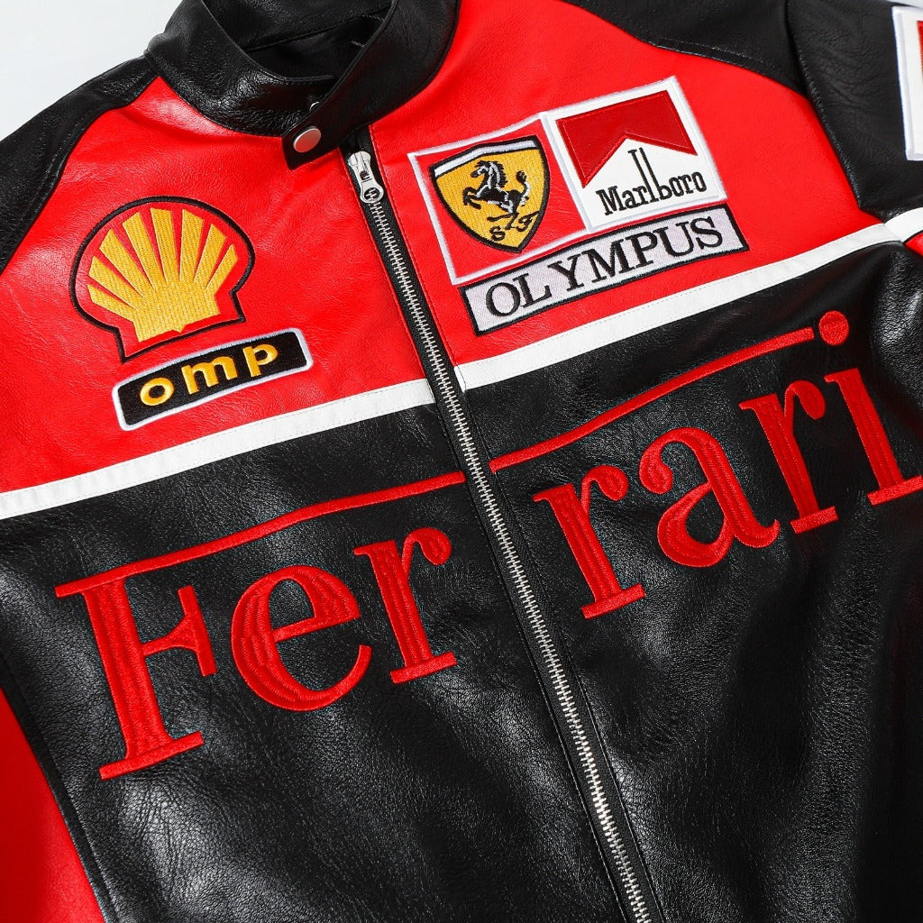 Ferrari Red-Black Leather Vintage Racing Jacket Endless Racegear